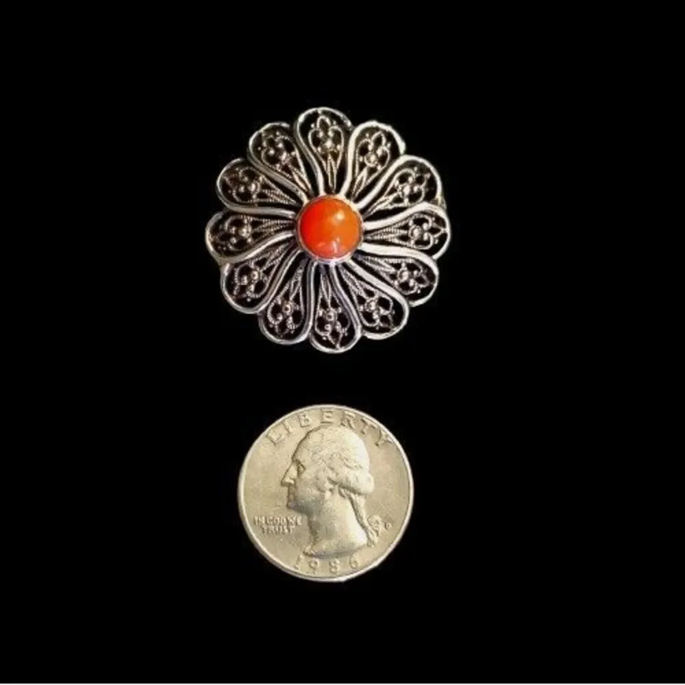 Coral Silver‎ Brooch 835 Silver European Vintage Marked Signed, 1.25